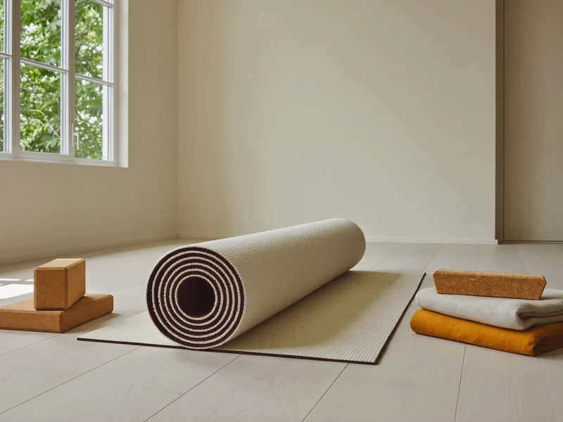 Salle de yoga claire avec un tapis naturel déroulé et quelques accessoires rangés