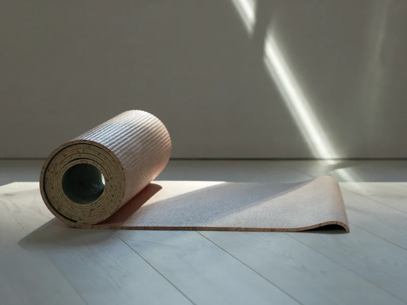 Tapis en caoutchouc naturel déroulé en biais sur un parquet clair