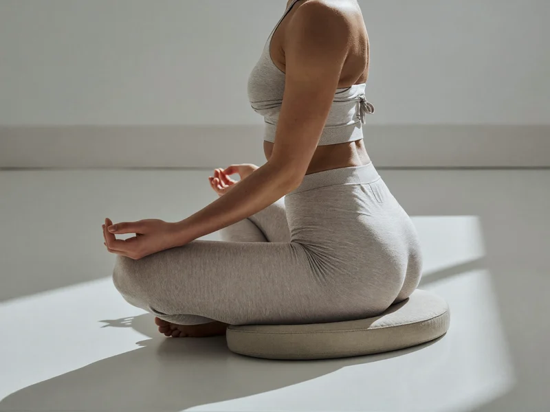 Personne assise en tailleur sur un coussin de méditation, vue de dos, lumière matinale
