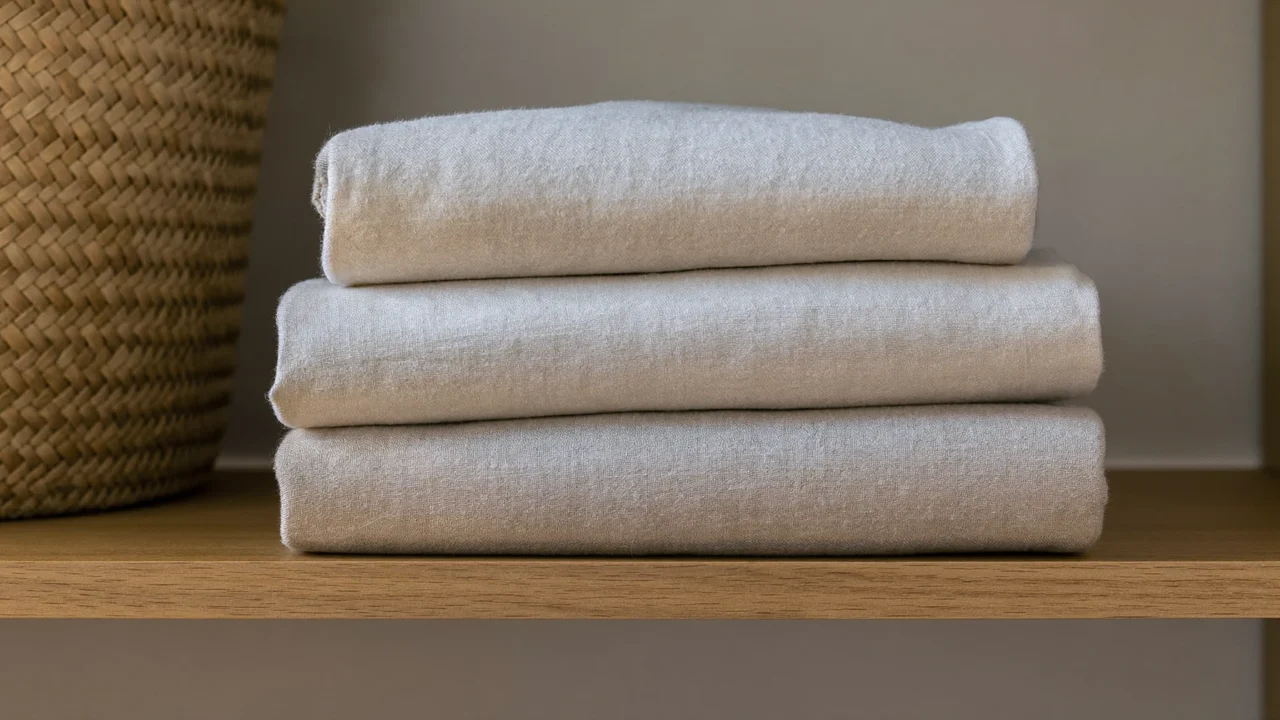 Pile de textiles de yoga en lin et coton pliés sur une étagère en chêne