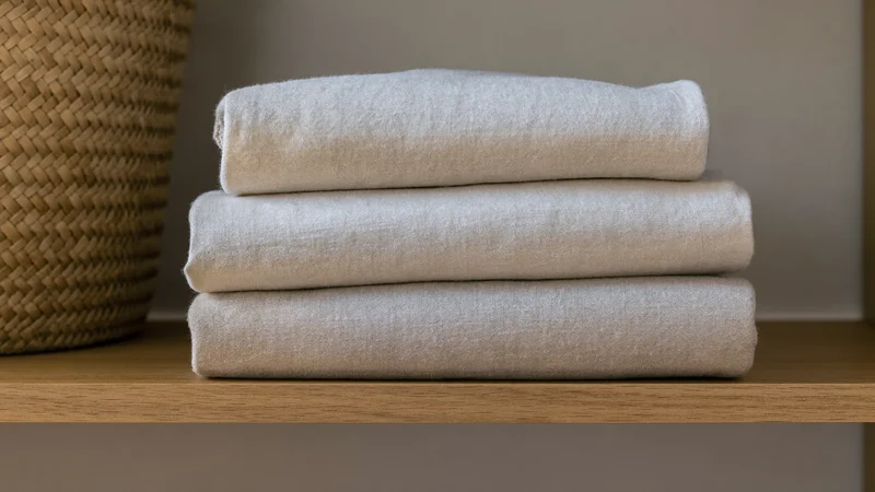 Pile de textiles de yoga en lin et coton pliés sur une étagère en chêne